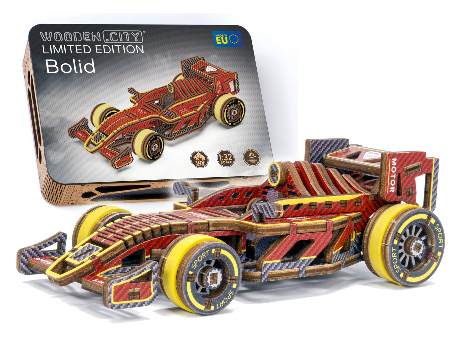 3D Houten Puzzel Raceauto 'Bolid' - DIY Wood Puzzles Color