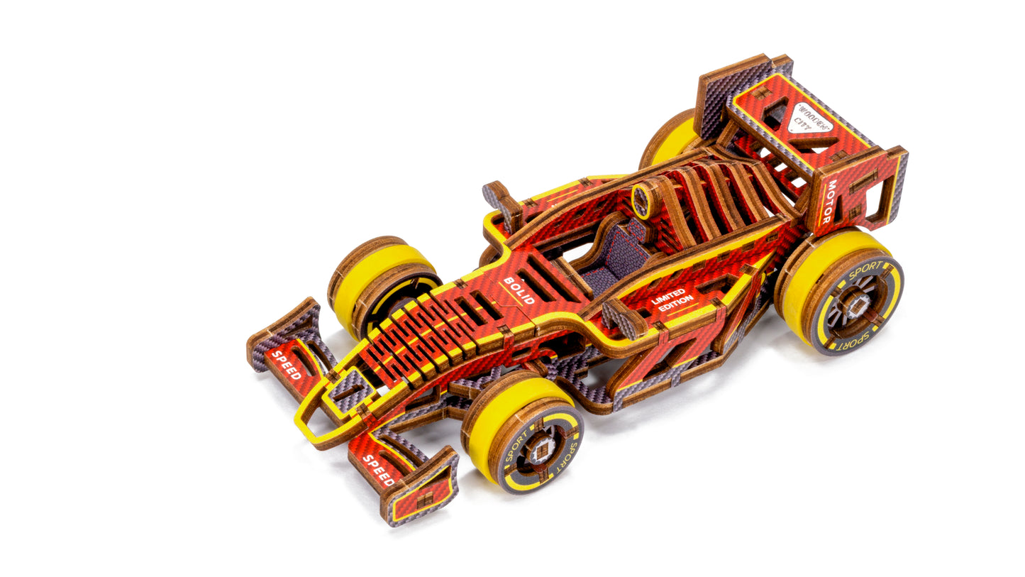 3D Houten Puzzel Raceauto 'Bolid' - DIY Wood Puzzles Color