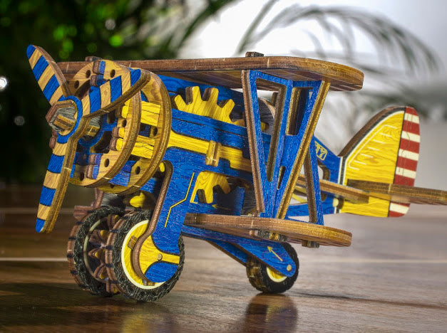 3D Houten Puzzel Vliegtuig Bi Plane - DIY Wood Puzzles Color