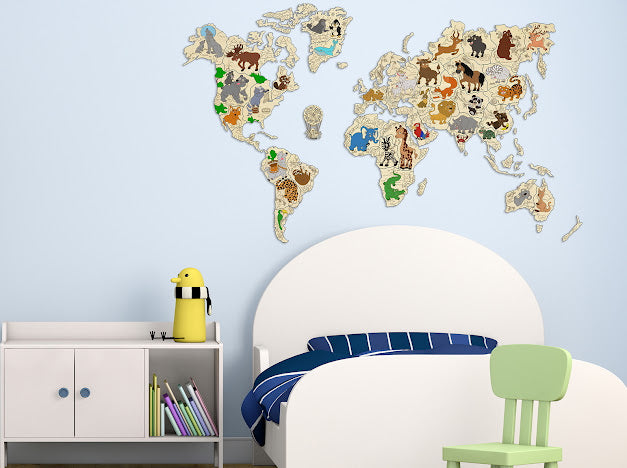 3D Houten Puzzel World Map Animals XL Muur Decoratie - DIY