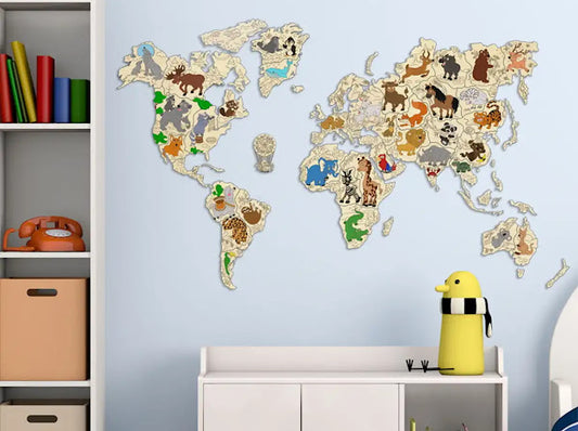 3D Houten Puzzel World Map Animals L Muur Decoratie - DIY