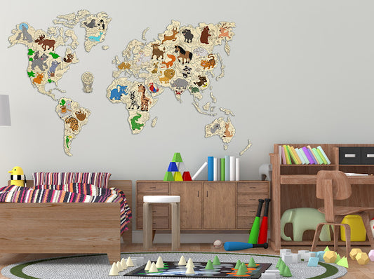 3D Houten Puzzel World Map Animals XXL Muur Decoratie - DIY