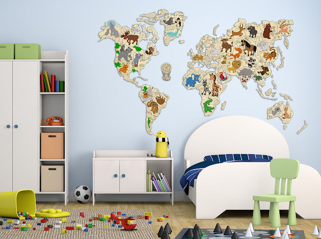 3D Houten Puzzel World Map Animals XXL Muur Decoratie - DIY